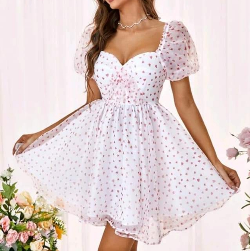 SHEIN Allover Heart Print Puff Sleeve Flare Hem Organza Dress Size Small